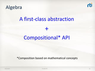 Algebra
A first-class abstraction
+
Compositional* API
8/25/2015 © 2015 RTI 33
*Composition based on mathematical concepts
 