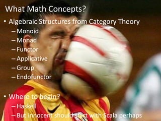 8/25/2015 © 2015 RTI 34
What Math Concepts?
• Algebraic Structures from Category Theory
– Monoid
– Monad
– Functor
– Applicative
– Group
– Endofunctor
• Where to begin?
– Haskell
– But innocent should start with Scala perhaps
 