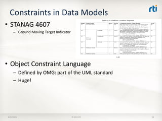Constraints in Data Models
• STANAG 4607
– Ground Moving Target Indicator
• Object Constraint Language
– Defined by OMG: part of the UML standard
– Huge!
8/25/2015 © 2015 RTI 38
 