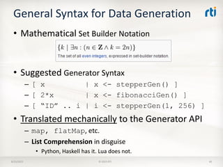 General Syntax for Data Generation
• Mathematical Set Builder Notation
• Suggested Generator Syntax
– [ x | x <- stepperGen() ]
– [ 2*x | x <- fibonacciGen() ]
– [ “ID” .. i | i <- stepperGen(1, 256) ]
• Translated mechanically to the Generator API
– map, flatMap, etc.
– List Comprehension in disguise
• Python, Haskell has it. Lua does not.
8/25/2015 © 2015 RTI 40
 