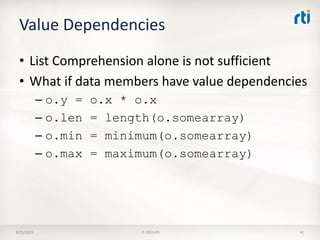 Value Dependencies
• List Comprehension alone is not sufficient
• What if data members have value dependencies
– o.y = o.x * o.x
– o.len = length(o.somearray)
– o.min = minimum(o.somearray)
– o.max = maximum(o.somearray)
8/25/2015 © 2015 RTI 41
 