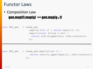 Functor Laws
• Composition Law
gen.map(f).map(g) == gen.map(g o f)
12/15/2017 28
auto DAY_gen = range_gen
.map([&](int i) { return days[i]; });
.map([](const string & str) {
return std::toupper(str, std::locale());
});
auto DAY_gen = range_gen.map([&](int i) {
return std::to_upper(days[i], std::locale());
});
 