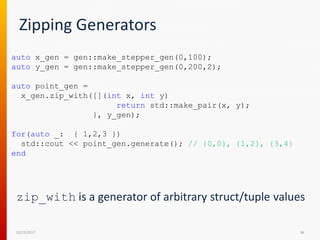 Zipping Generators
12/15/2017 36
auto x_gen = gen::make_stepper_gen(0,100);
auto y_gen = gen::make_stepper_gen(0,200,2);
auto point_gen =
x_gen.zip_with([](int x, int y)
return std::make_pair(x, y);
}, y_gen);
for(auto _: { 1,2,3 })
std::cout << point_gen.generate(); // {0,0}, {1,2}, {3,4}
end
zip_with is a generator of arbitrary struct/tuple values
 