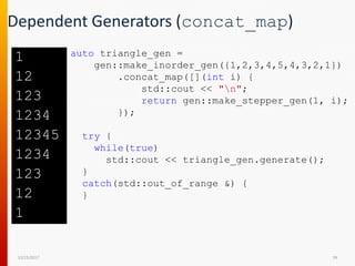 Dependent Generators (concat_map)
auto triangle_gen =
gen::make_inorder_gen({1,2,3,4,5,4,3,2,1})
.concat_map([](int i) {
std::cout << "n";
return gen::make_stepper_gen(1, i);
});
try {
while(true)
std::cout << triangle_gen.generate();
}
catch(std::out_of_range &) {
}
12/15/2017 39
1
12
123
1234
12345
1234
123
12
1
 