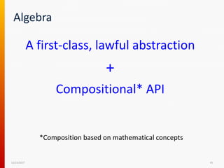 Algebra
A first-class, lawful abstraction
+
Compositional* API
12/15/2017 45
*Composition based on mathematical concepts
 