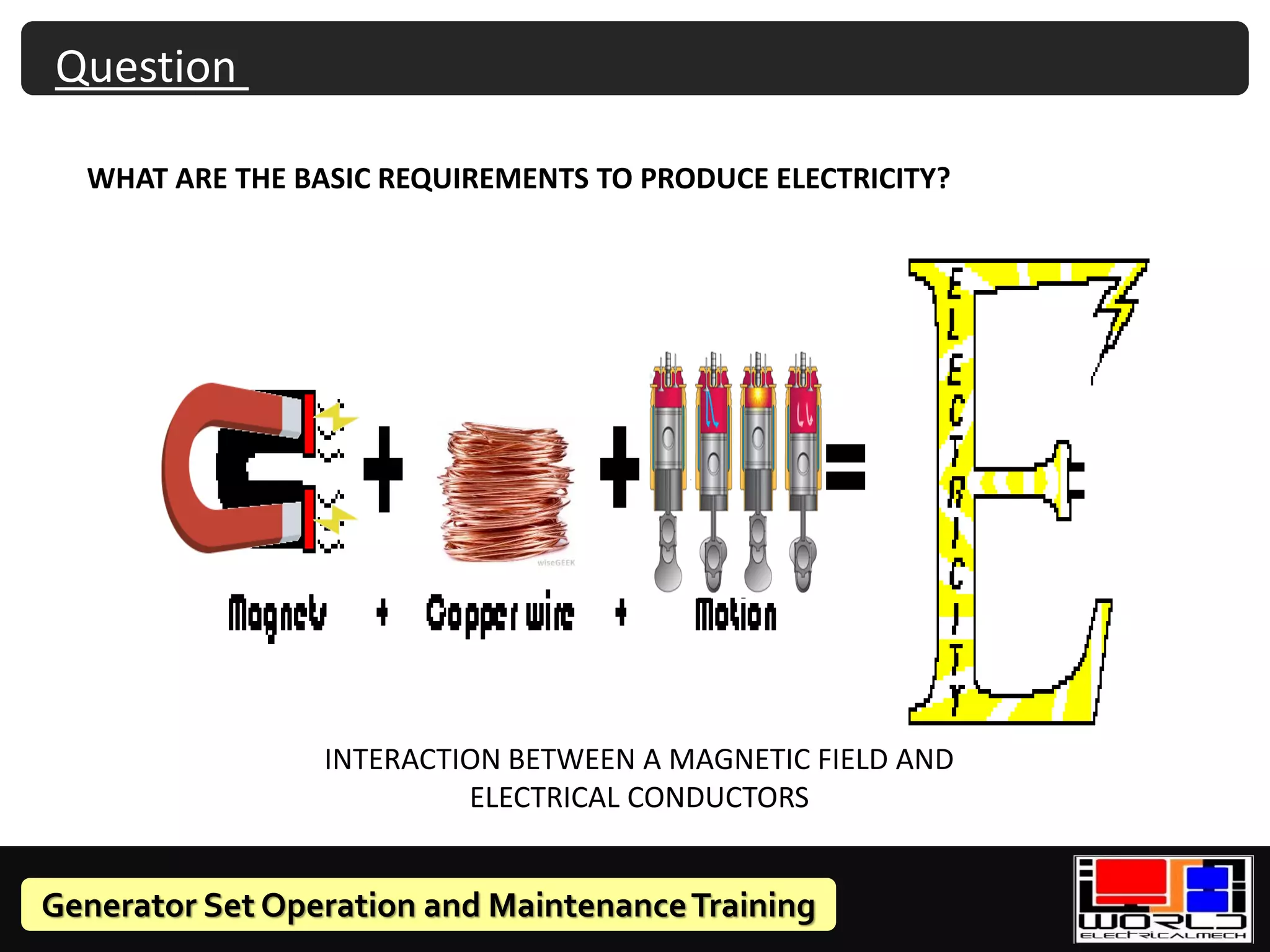 Generator Set Operation and MaintenanceTraining
Question
WHAT ARE THE BASIC REQUIREMENTS TO PRODUCE ELECTRICITY?
INTERACTION BETWEEN A MAGNETIC FIELD AND
ELECTRICAL CONDUCTORS
 