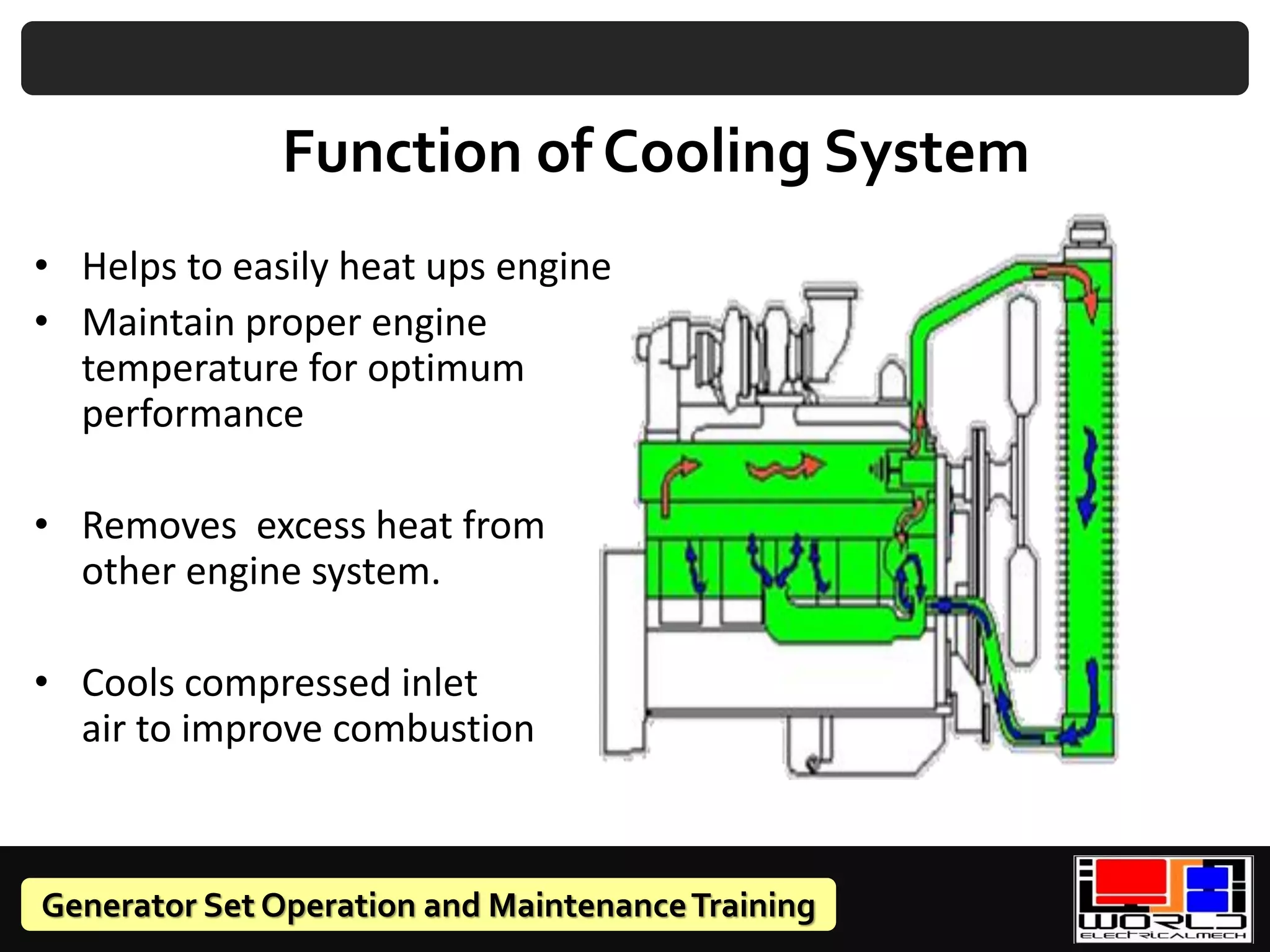 Generator Set Operation and MaintenanceTraining
Function of Cooling System
• Helps to easily heat ups engine
• Maintain proper engine
temperature for optimum
performance
• Removes excess heat from
other engine system.
• Cools compressed inlet
air to improve combustion
 