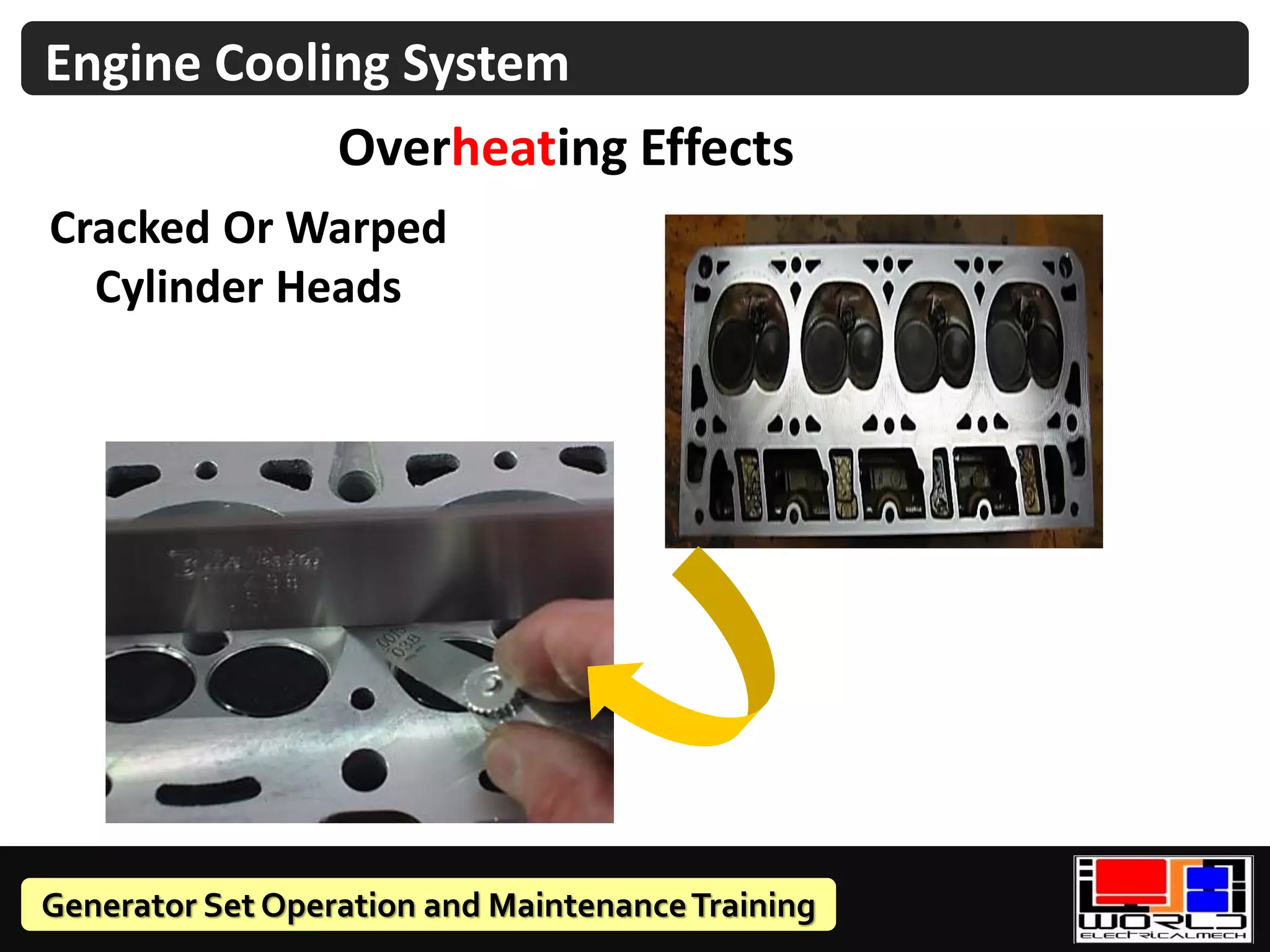 Generator Set Operation and MaintenanceTraining
Overheating Effects
Engine Cooling System
Cracked Or Warped
Cylinder Heads
 