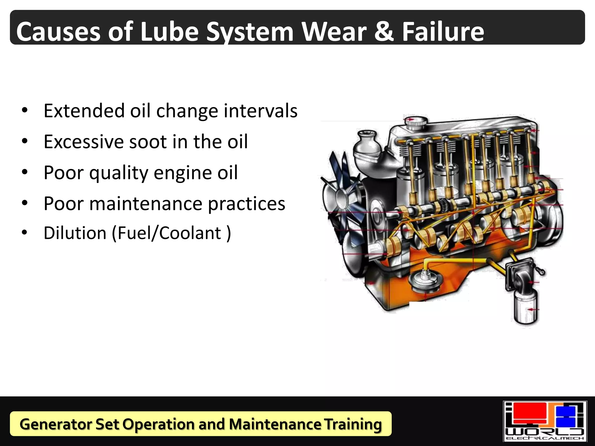 Generator Set Operation and MaintenanceTraining
Causes of Lube System Wear & Failure
• Extended oil change intervals
• Excessive soot in the oil
• Poor quality engine oil
• Poor maintenance practices
• Dilution (Fuel/Coolant )
 