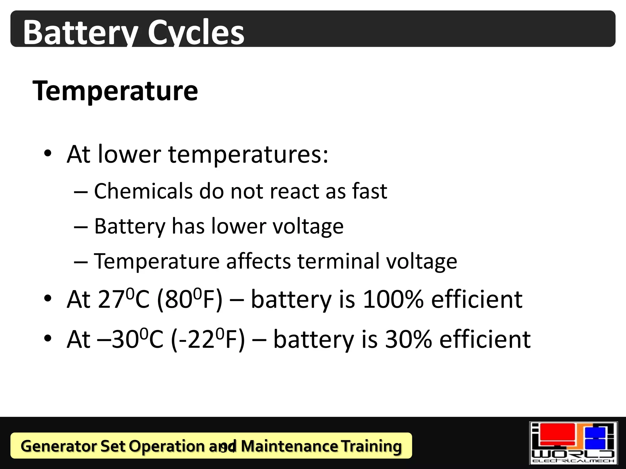 Generator Set Operation and MaintenanceTraining
Temperature
• At lower temperatures:
– Chemicals do not react as fast
– Battery has lower voltage
– Temperature affects terminal voltage
• At 270C (800F) – battery is 100% efficient
• At –300C (-220F) – battery is 30% efficient
94
Battery Cycles
 