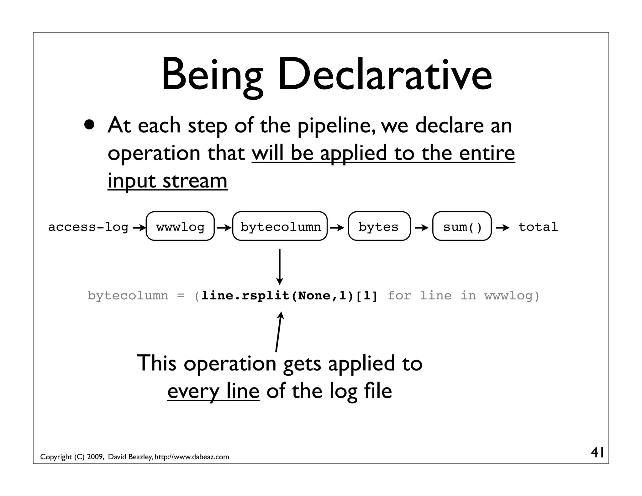 Being Declarative • At each step of the pipeline, we declare an operation that will be applied to the entire input stream access-log wwwlog bytecolumn bytes sum() total bytecolumn = (line.rsplit(None,1)[1] for line in wwwlog) This operation gets applied to every line of the log ﬁle Copyright (C) 2009, David Beazley, http://www.dabeaz.com 41 