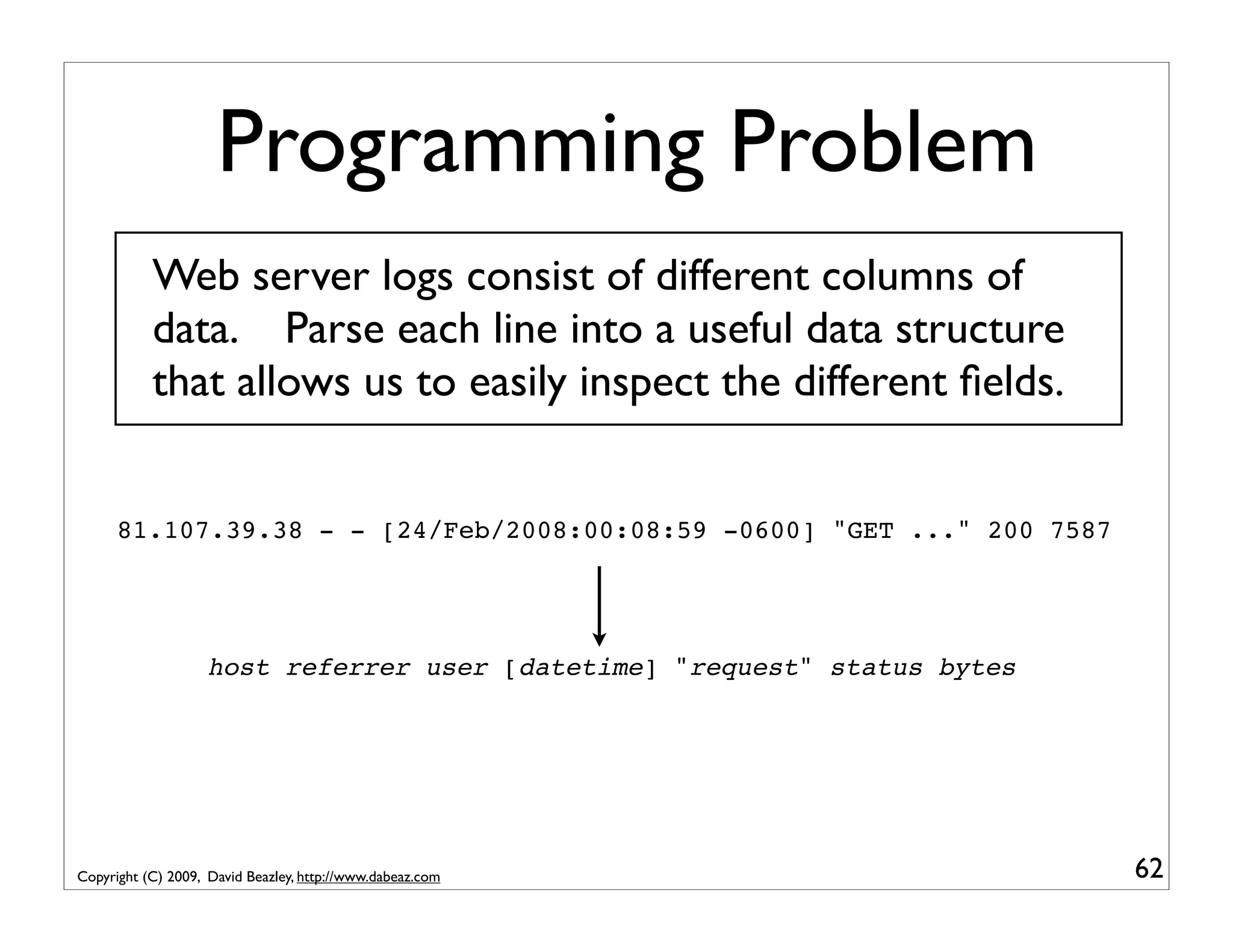 Programming Problem Web server logs consist of different columns of data. Parse each line into a useful data structure that allows us to easily inspect the different ﬁelds. 81.107.39.38 - - [24/Feb/2008:00:08:59 -0600] "GET ..." 200 7587 host referrer user [datetime] "request" status bytes Copyright (C) 2009, David Beazley, http://www.dabeaz.com 62 