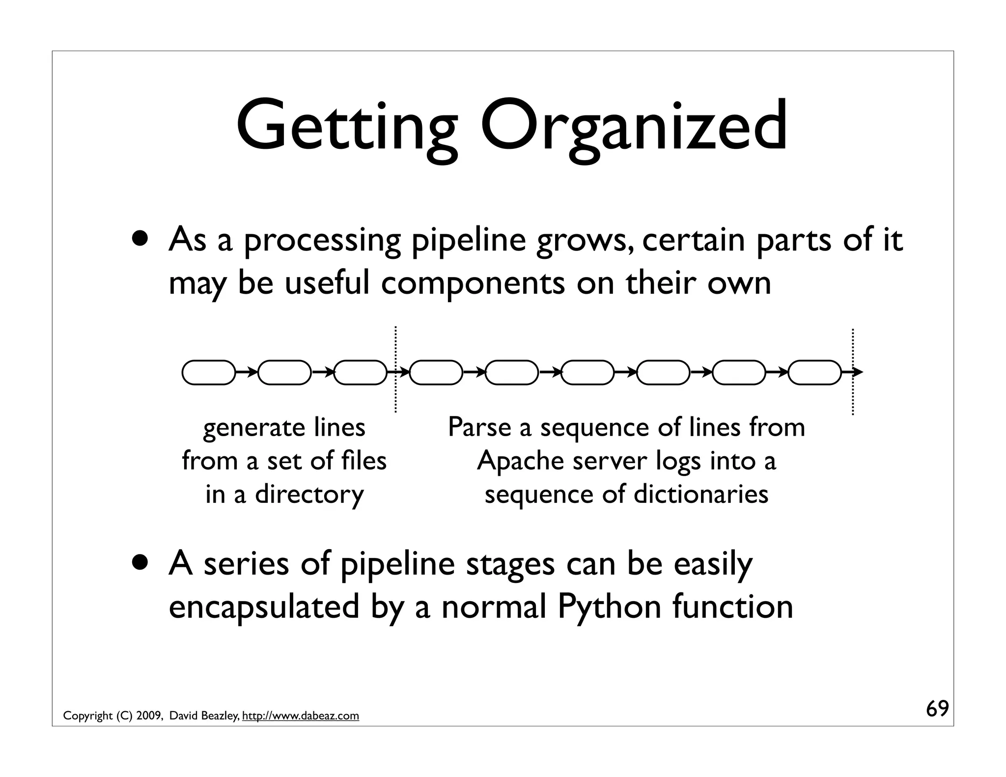 Getting Organized • As a processing pipeline grows, certain parts of it may be useful components on their own generate lines Parse a sequence of lines from from a set of ﬁles Apache server logs into a in a directory sequence of dictionaries • A series of pipeline stages can be easily encapsulated by a normal Python function Copyright (C) 2009, David Beazley, http://www.dabeaz.com 69 