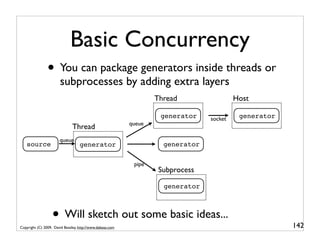 Basic Concurrency
                • You can package generators inside threads or
                       subprocesses by adding extra layers
                                                                   Thread                 Host

                                                                    generator    socket    generator
                                                           queue
                               Thread
                       queue
   source                          generator                         generator

                                                            pipe
                                                                    Subprocess

                                                                     generator



                   • Will sketch out some basic ideas...
Copyright (C) 2009, David Beazley, http://www.dabeaz.com                                               142
 