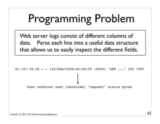 Programming Problem
           Web server logs consist of different columns of
           data. Parse each line into a useful data structure
           that allows us to easily inspect the different ﬁelds.


      81.107.39.38 - - [24/Feb/2008:00:08:59 -0600] "GET ..." 200 7587




                    host referrer user [datetime] "request" status bytes




Copyright (C) 2009, David Beazley, http://www.dabeaz.com                   62
 
