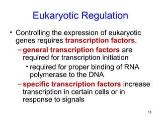 15
Eukaryotic Regulation
• Controlling the expression of eukaryotic
genes requires transcription factors.
–general transcription factors are
required for transcription initiation
• required for proper binding of RNA
polymerase to the DNA
–specific transcription factors increase
transcription in certain cells or in
response to signals
 