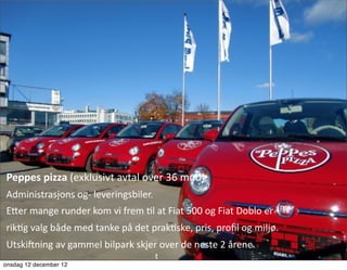 Peppes	
  pizza	
  (exklusivt	
  avtal	
  over	
  36	
  mnd)
Administrasjons	
  og-­‐	
  leveringsbiler.
EGer	
  mange	
  runder	
  kom	
  vi	
  frem	
  Al	
  at	
  Fiat	
  500	
  og	
  Fiat	
  Doblo	
  er	
  	
  
rikAg	
  valg	
  både	
  med	
  tanke	
  på	
  det	
  prakAske,	
  pris,	
  proﬁl	
  og	
  miljø.	
  
Utski7ning	
  av	
  gammel	
  bilpark	
  skjer	
  over	
  de	
  neste	
  2	
  årene.
                                                           t
onsdag 12 december 12
 