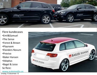  
 Flere	
  kundecases
 •Emil&Samuel	
  
 •The	
  Sense	
  
 •Forest	
  &	
  Brown
 •Playroom
 •Elanders	
  Novum
 •Proviso	
  
 •Baker	
  Hansen
 •Adaptus	
  
 •Bagel	
  &	
  Juice
 Se	
  ﬂere:	
  
 www.automedia.as
onsdag 12 december 12
 