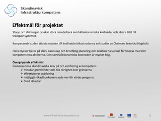 Effektmål för projektet
Stopp och störningar orsakar stora omedelbara samhällsekonomiska kostnader och sämre tillit till
transportsystemet.

Kompetensbrist den största orsaken till kvalitetsbristkostnaderna enl studier av Chalmers tekniska högskola

Flera olyckor beror på slarv, okunskap och bristfällig planering och bedöms ha kunnat förhindras med rätt
kompetens hos aktörerna. Den samhällekonomiska kostnaden är mycket hög.

Övergripande effektmål
Gemensamma skandinaviska krav på och verifiering av kompetens
      minskar gränshinder och öka rörlighet över gränserna
      effektiviserar utbildning
      möjliggör ökad konkurrens och mer för värde pengarna
      ökad säkerhet




                        www.infrastrukturkompetens.eu                                                         11
 