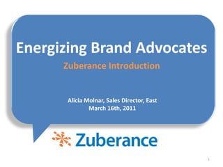 1 Alicia Molnar, Sales Director, East March 16th, 2011 Energizing Brand Advocates ZuberanceIntroduction 