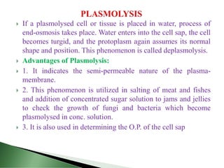  If a plasmolysed cell or tissue is placed in water, process of
end-osmosis takes place. Water enters into the cell sap, the cell
becomes turgid, and the protoplasm again assumes its normal
shape and position. This phenomenon is called deplasmolysis.
 Advantages of Plasmolysis:
 1. It indicates the semi-permeable nature of the plasma-
membrane.
 2. This phenomenon is utilized in salting of meat and fishes
and addition of concentrated sugar solution to jams and jellies
to check the growth of fungi and bacteria which become
plasmolysed in conc. solution.
 3. It is also used in determining the O.P. of the cell sap
 