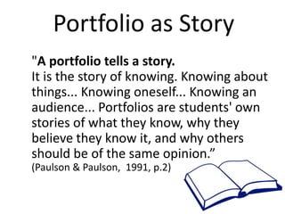 Portfolio as Story
"A portfolio tells a story.
It is the story of knowing. Knowing about
things... Knowing oneself... Knowing an
audience... Portfolios are students' own
stories of what they know, why they
believe they know it, and why others
should be of the same opinion.”
(Paulson & Paulson, 1991, p.2)
 