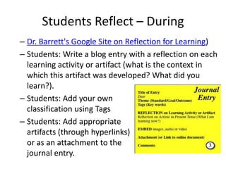 Students Reflect – During
– Dr. Barrett's Google Site on Reflection for Learning)
– Students: Write a blog entry with a reflection on each
  learning activity or artifact (what is the context in
  which this artifact was developed? What did you
  learn?).
– Students: Add your own
  classification using Tags
– Students: Add appropriate
  artifacts (through hyperlinks)
  or as an attachment to the
  journal entry.
 
