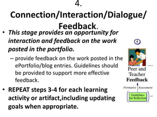 4.
  Connection/Interaction/Dialogue/
             Feedback.
• This stage provides an opportunity for
  interaction and feedback on the work
  posted in the portfolio.
  – provide feedback on the work posted in the
    ePortfolio/blog entries. Guidelines should
    be provided to support more effective
    feedback.
• REPEAT steps 3-4 for each learning
  activity or artifact,including updating
  goals when appropriate. 
 