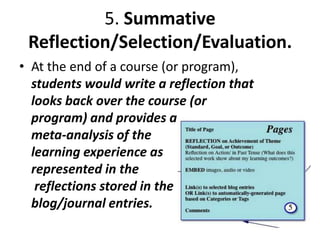 5. Summative
 Reflection/Selection/Evaluation.
• At the end of a course (or program),
  students would write a reflection that
  looks back over the course (or
  program) and provides a
  meta-analysis of the
  learning experience as
  represented in the
   reflections stored in the
  blog/journal entries.
 