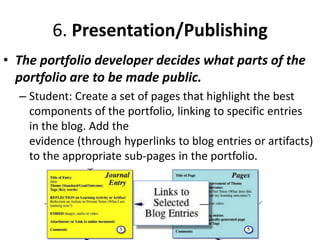 6. Presentation/Publishing
• The portfolio developer decides what parts of the
  portfolio are to be made public.
  – Student: Create a set of pages that highlight the best
    components of the portfolio, linking to specific entries
    in the blog. Add the
    evidence (through hyperlinks to blog entries or artifacts)
    to the appropriate sub-pages in the portfolio.
 