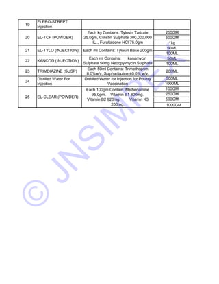 19 
ELPRO-STREPT 
Injection 
250GM 
500GM 
1kg 
50ML 
100ML 
50ML 
100ML 
20 EL-TCF (POWDER) 
21 JNSIMPEX 
EL-TYLO (INJECTION) Each ml Contains: Tylosin Base 200gm Each ml Contains: kanamycin 
22 KANCOD (INJECTION) 
Sulphate 50mg Neoopylmycin Sulphate 
100gm Each 50ml Colistin Contains: Sulphate Trimethoprim 
100,000IU 
23 TRIMDIAZINE (SUSP) 
200ML 
8.0%w/v, Sulphadiazine 40.0% w/v. 
Distilled Water For 
Distilled Water for Injection for Poultry 
500ML 
24 
Injection 
Vaccination 
1000ML 
Each 100gm Contain: Methenamine 
100GM 
95.0gm. Vitamin B1 800mg. 
250GM 
25 EL-CLEAR (POWDER) 
Vitamin B2 920mg. Vitamin K3 
500GM 
200mg. 
1000GM 
© Each kg Contains: Tylosin Tartrate 
25.0gm, Colistin Sulphate 300,000,000 
IU., Furaltadone HCl 75.0gm 
 