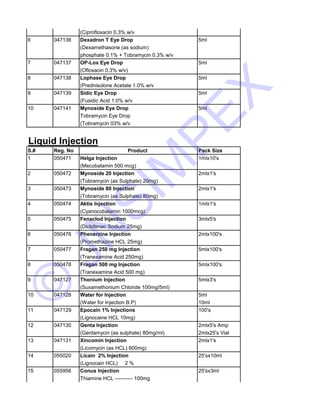 (Ciprofloxacin 0.3% w/v 
6 047136 Dexadron T Eye Drop 5ml 
(Dexamethasone (as sodium) 
phosphate 0.1% + Tobramycin 0.3% w/v 
7 JNSIMPEX 
047137 OP-Lox Eye Drop 5ml 
(Ofloxacin 0.3% w/v) 
8 047138 Lophase Eye Drop 5ml 
(Prednisolone Acetate 1.0% w/v 
9 047139 Sidic Eye Drop 5ml 
(Fusidic Acid 1.0% w/v 
10 047141 Mynoside Eye Drop 5ml 
Tobramycin Eye Drop 
(Tobramycin 03% w/v 
Liquid Injection 
S.# Reg. No Product Pack Size 
1 050471 Helga Injection 1mlx10's 
(Mecobalamin 500 mcg) 
2 050472 Mynoside 20 Injection 2mlx1's 
(Tobramycin (as Sulphate) 20mg) 
3 050473 Mynoside 80 Injection 2mlx1's 
(Tobramycin (as Sulphate) 80mg) 
4 050474 Aktis Injection 1mlx1's 
(Cyanocobalamin 1000mcg) 
5 050475 Fenaclod Injection 3mlx5's 
(Diclofenac Sodium 25mg) 
6 050476 Phenerzine Injection 2mlx100's 
(Promethazine HCL 25mg) 
© 7 050477 Fragan 250 mg Injection 5mlx100's 
(Tranexamine Acid 250mg) 
8 050478 Fragan 500 mg Injection 5mlx100's 
(Tranexamine Acid 500 mg) 
9 047127 Thonium Injection 5mlx3's 
(Suxamethonium Chloride 100mg/5ml) 
10 047128 Water for Injection 5ml 
(Water for Injection B.P) 10ml 
11 047129 Epocain 1% Injections 100's 
(Lignocaine HCL 10mg) 
12 047130 Genta Injection 2mlx5's Amp 
(Gentamycin (as sulphate) 80mg/ml) 2mlx25's Vial 
13 047131 Xincomin Injection 2mlx1's 
(Licomycin (as HCL) 600mg) 
14 055020 Licain 2% Injection 25'sx10ml 
(Lignocain HCL) 2 % 
15 055956 Conus Injection 25'sx3ml 
Thiamine HCL ---------- 100mg 
 