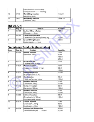Pyridoxine HCL ----------100mg 
Cyanocobalamin---------1000mcg 
16 57879 Morvi 80mg injection 1ml x 6's 
Artemether 80mg 
17 70403 Morvi 40mg injection 1ml x 10's 
Artemether 40mg 
INFUSION 
S.# JNSIMPEX 
Reg. No Product Pack Size 
1 053185 Epoflox 200mg Infusion 100ml 
(Ofloxacin ……2mg) 
2 053186 Epovel 500mg infusion 
(Levofloxacin (as Hemehydrate )5 mg 100ml 
3 053187 Epozol 500mg Infusion 100ml 
(Metronidazole …… 5mg) 
Veterinary Products (Injectable) 
S.no. Reg. No Product Pack Size 
1 043528 Ivervcet Injection 10ml 
(Ivermectin 10mg) 50ml 
100ml 
250ml 
2 043530 Oxyvet Injection 50ml 
(Oxytetracycline 50 mg) 
3 043531 Mepron Injection 10ml 
(Mepyramine Maleate 50 mg) 50ml 
100ml 
© 4 043532 Diamidine Injection 100ml 
(Sulphadimadine 33.3%) 
5 048298 Osin Injection 50ml 
Tylosin (as Tartrate) 200mg 100ml 
6 048299 Gentavet Injection 50ml 
(Gentamycin 40mg) 100ml 
7 058742 Gentavet Injection 50ml 
(Gentamicin 100mg) 100ml 
8 043529 Gentavet Injection 50ml 
(Gentamycin 50mg) 100ml 
9 048300 Sulfamet Injection 50ml 
(Trimethoprim BP 80mg) 100ml 
(Sulphadizine BP 400mg) 
10 063526 Enrovet Injection 10ml 
Enrofloxacin….10mg 50ml 
Enrofloxacin….100m 100ml 
11 063754 Sulfamet Oral Suspension 200ml 
Trimethoprim BP(vet)…….8% w/v 500ml 
 