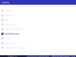 Outline


1   Reference

2   Introduction

3   Steps

4   Identify Rims

5   Global Optimization

6   Local Reﬁnement

7   Result

8   Comparison

9   Limitation & Future work



        Phongsathorn (AIT)     Carved Visual Hulls for Image-Based Modeling   Machine Vision Student Presentation   34 / 49
 