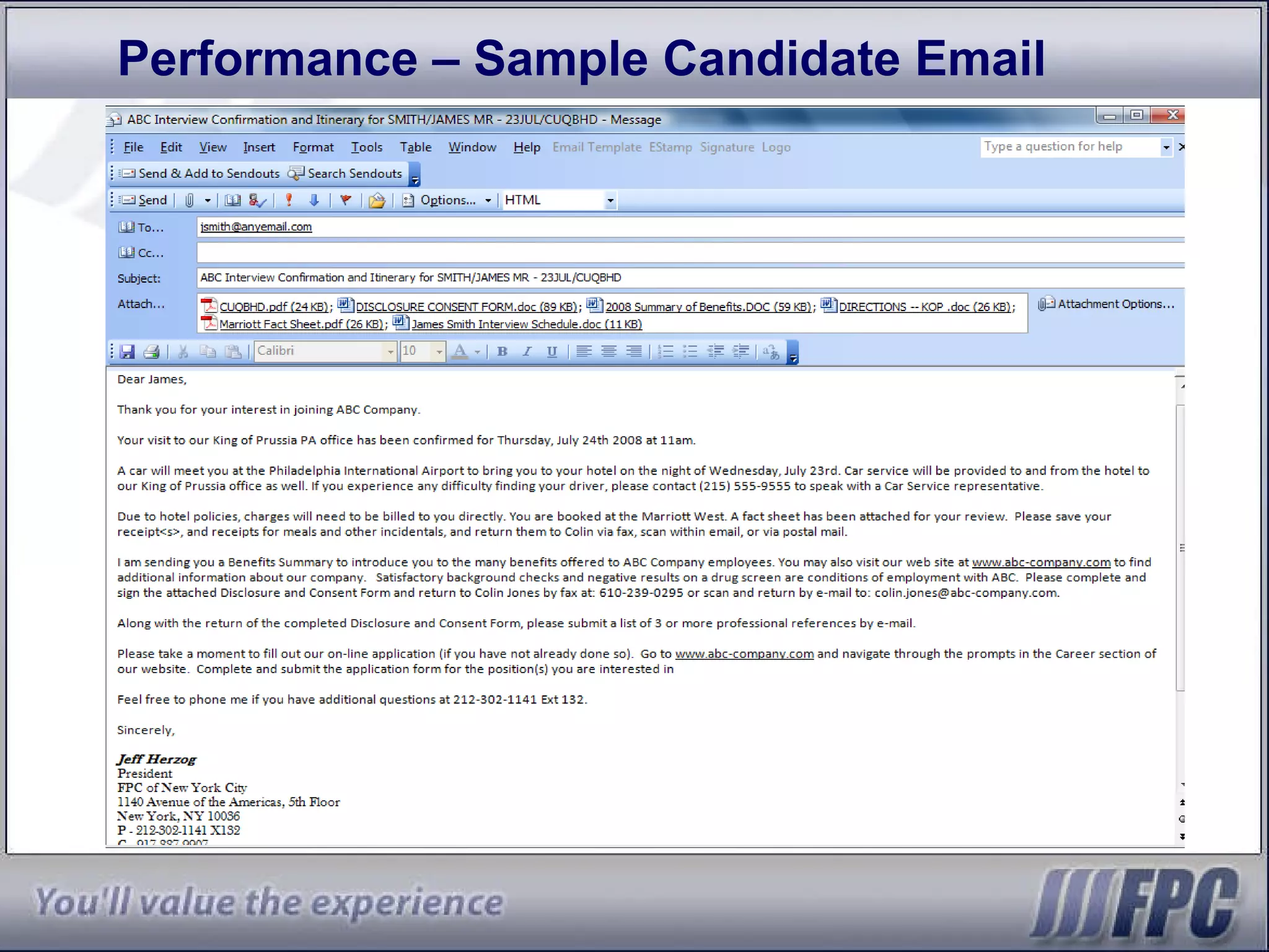 Performance – Sample Candidate Email 