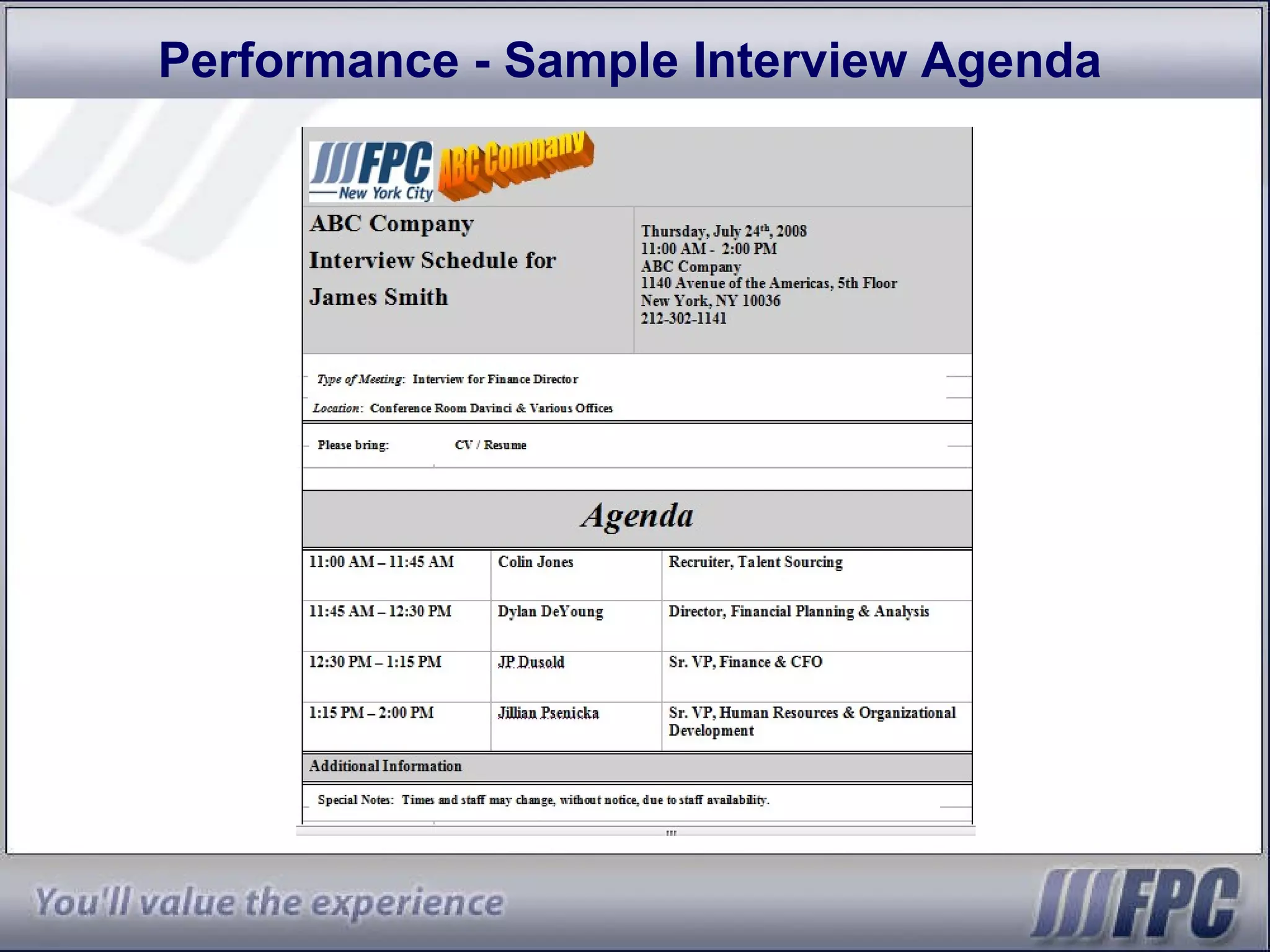 Performance - Sample Interview Agenda 