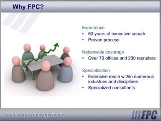 Why FPC? Experience 50 years of executive search Proven process Nationwide coverage Over 70 offices and 200 recruiters  Specialization Extensive reach within numerous industries and disciplines  Specialized consultants 