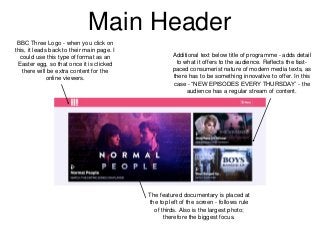 Main Header
The featured documentary is placed at
the top left of the screen - follows rule
of thirds. Also is the largest...