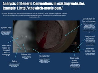 Analysis of Generic Conventions in existing websites
Example 1: http://thewitch-movie.com/
Film’s title in
largest text
displayed
clearly on
homepage. Release date
Navigation bar
Social Media
sharing
capabilities
Production
company logo
Integration of
soundtrack
Extracts from film
loop on homepage
Informs the viewers of
when the film is to be
released. To allow easy navigation
around the site’s different
pages. Typically the
navigation bar would be at
the top of the site.
To give the viewer the
opportunity to share the
film amongst their friends
and family to inspire hype
for the film.
To inform the viewer of
who produced the film.
Boosts interactivity with
site making it a more
immersive experience
whilst also portraying a
certain atmosphere.
Give a notion of what to expect
from the film, the use of this
generic convention is
somewhat off brand as the
norm is to have the trailer on
the homepage as it is the
central piece of marketing and
often the main attraction to the
site.
Tagline
To summarise the film and
create a buzz around it.
Usually found next to the
film’s title/logo.
Synopsis Page
To condense the film down
to its key plot points and
let viewers understand
what the film offers in
terms of storyline.
The official website for ‘The Witch’ strays quite drastically from the status quo in its use of generic conventions. The layout
is unconventional and the whole aesthetic quite understated although its abundance of interactive features makes it
immersive as a site.
 