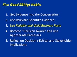 1. Get Evidence into the Conversation
2. Use Relevant Scientific Evidence
3. Use Reliable and Valid Business Facts
4. Become “Decision Aware” and Use
Appropriate Processes
5. Reflect on Decision’s Ethical and Stakeholder
Implications
Five Good EBMgt Habits
 