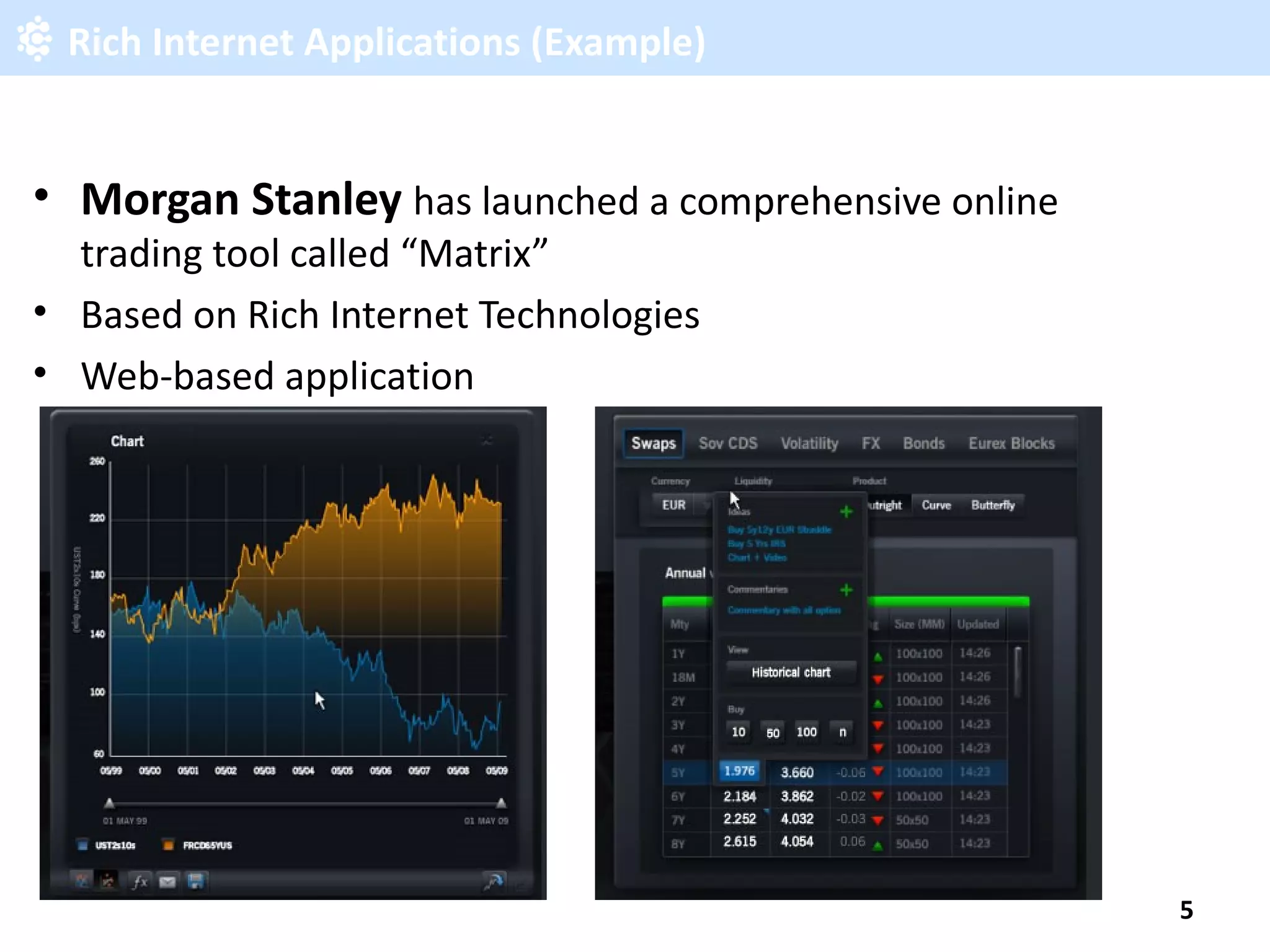 Rich Internet Applications (Example) Morgan Stanley has launched a comprehensive online trading tool called “Matrix” Based on Rich Internet Technologies Web-based application 