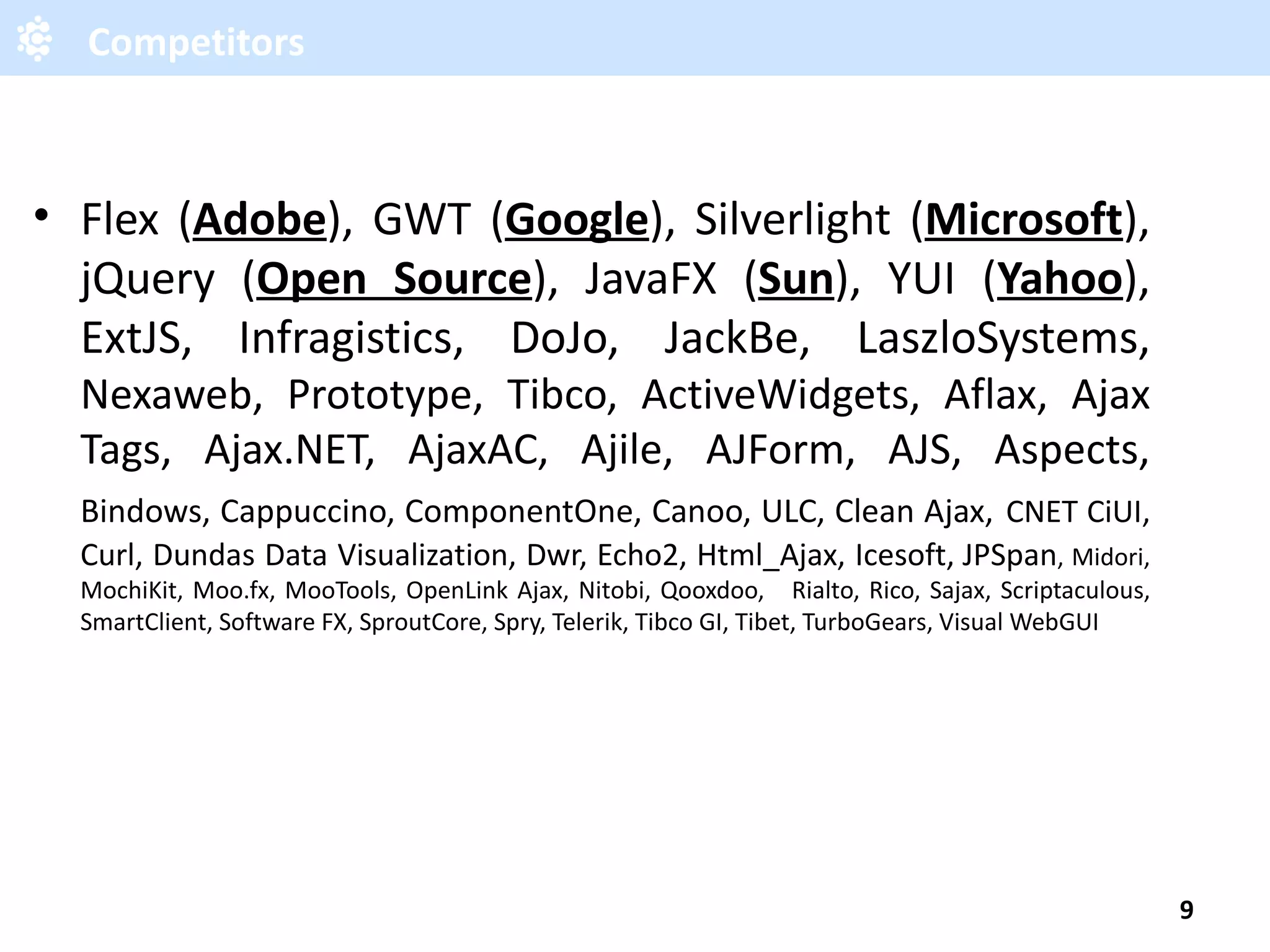 Competitors Flex ( Adobe ), GWT ( Google ), Silverlight ( Microsoft ), jQuery ( Open Source ), JavaFX ( Sun ), YUI ( Yahoo ), ExtJS, Infragistics, DoJo, JackBe, LaszloSystems, Nexaweb, Prototype, Tibco, ActiveWidgets, Aflax, Ajax Tags, Ajax.NET, AjaxAC, Ajile, AJForm, AJS, Aspects, Bindows, Cappuccino, ComponentOne, Canoo, ULC, Clean Ajax, CNET CiUI, Curl, Dundas Data Visualization, Dwr, Echo2, Html_Ajax, Icesoft, JPSpan , Midori, MochiKit, Moo.fx, MooTools, OpenLink Ajax, Nitobi, Qooxdoo, Rialto, Rico, Sajax, Scriptaculous, SmartClient, Software FX, SproutCore, Spry, Telerik, Tibco GI, Tibet, TurboGears, Visual WebGUI 