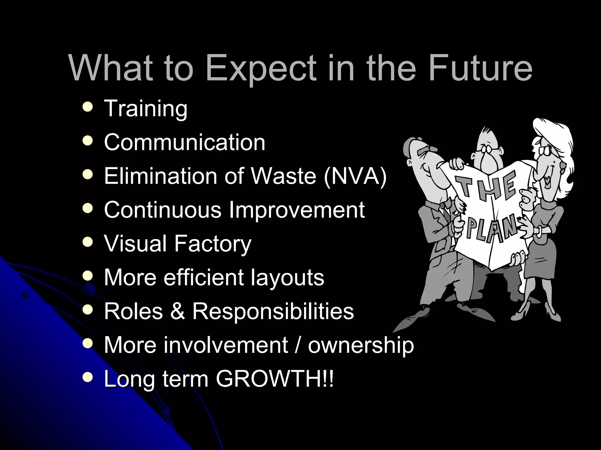 What to Expect in the Future Training Communication Elimination of Waste (NVA) Continuous Improvement Visual Factory More efficient layouts Roles & Responsibilities More involvement / ownership Long term GROWTH!! 
