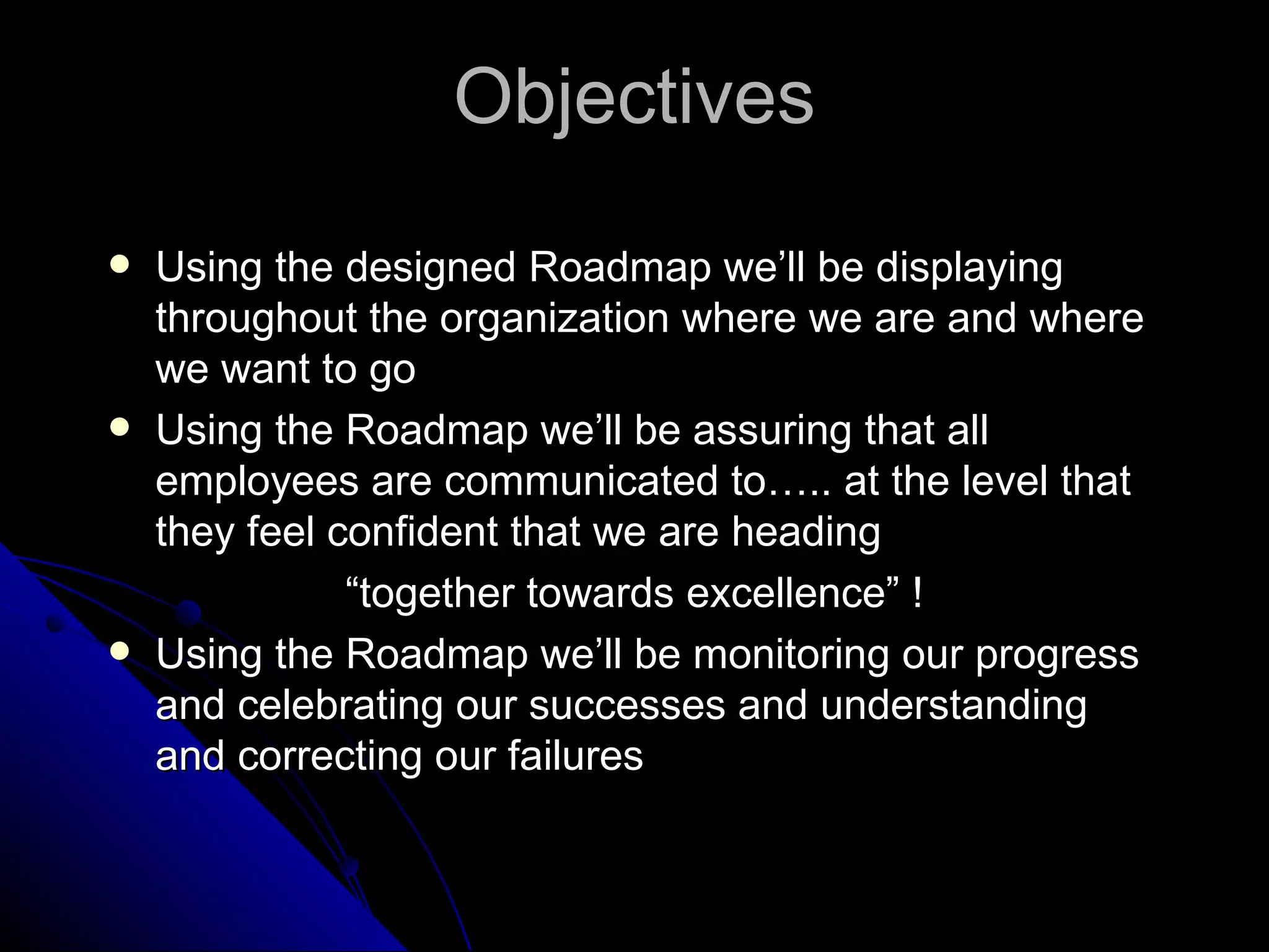 Objectives Using the designed Roadmap we’ll be displaying throughout the organization where we are and where we want to go Using the Roadmap we’ll be assuring that all employees are communicated to….. at the level that they feel confident that we are heading  “ together towards excellence” ! Using the Roadmap we’ll be monitoring our progress and celebrating our successes and understanding and correcting our failures 