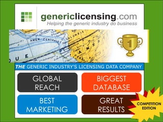THE GENERIC INDUSTRY'S LICENSING DATA COMPANY

      GLOBAL                BIGGEST
      REACH                DATABASE
     BEST                    GREAT         COMPETITION
   MARKETING                 RESULTS         EDITION
 