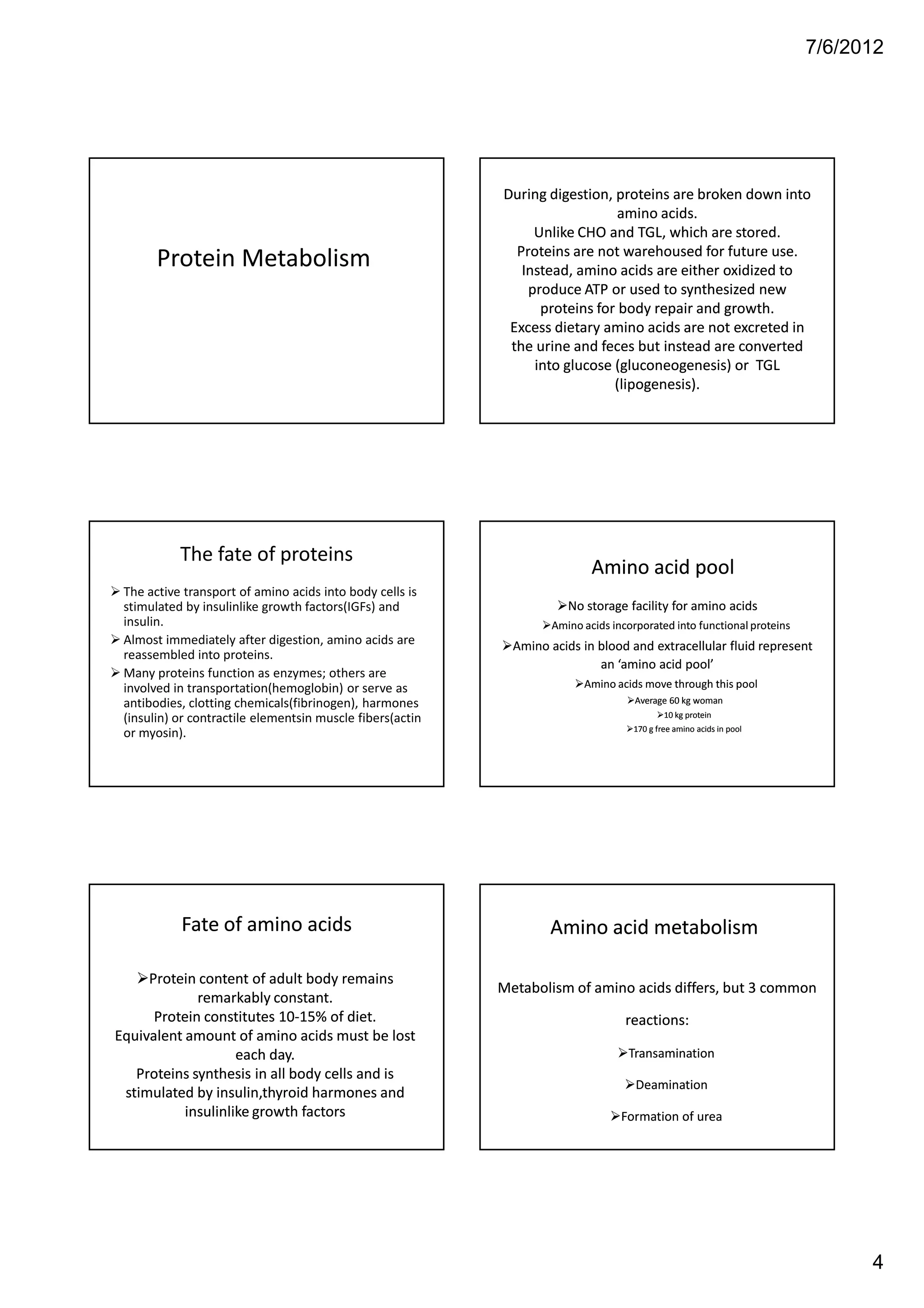 7/6/2012




                                                           During digestion, proteins are broken down into
                                                                              amino acids.
                                                                Unlike CHO and TGL, which are stored.
                                                             Proteins are not warehoused for future use.
       Protein Metabolism                                     Instead, amino acids are either oxidized to
                                                               produce ATP or used to synthesized new
                                                                 proteins for body repair and growth.
                                                            Excess dietary amino acids are not excreted in
                                                            the urine and feces but instead are converted
                                                                into glucose (gluconeogenesis) or TGL
                                                                             (lipogenesis).




           The fate of proteins
                                                                           Amino acid pool
 The active transport of amino acids into body cells is
 stimulated by insulinlike growth factors(IGFs) and                   No storage facility for amino acids
 insulin.                                                          Amino acids incorporated into functional proteins
 Almost immediately after digestion, amino acids are         Amino acids in blood and extracellular fluid represent
 reassembled into proteins.
                                                                            an ‘amino acid pool’
 Many proteins function as enzymes; others are
 involved in transportation(hemoglobin) or serve as                      Amino acids move through this pool
 antibodies, clotting chemicals(fibrinogen), harmones                               Average 60 kg woman
 (insulin) or contractile elementsin muscle fibers(actin                                   10 kg protein
                                                                                   170 g free amino acids in pool
 or myosin).




           Fate of amino acids                                     Amino acid metabolism

     Protein content of adult body remains
                                                           Metabolism of amino acids differs, but 3 common
             remarkably constant.
      Protein constitutes 10-15% of diet.
                          10-                                                     reactions:
Equivalent amount of amino acids must be lost
                    each day.                                                     Transamination
   Proteins synthesis in all body cells and is
                                                                                    Deamination
 stimulated by insulin,thyroid harmones and
           insulinlike growth factors                                            Formation of urea




                                                                                                                             4
 