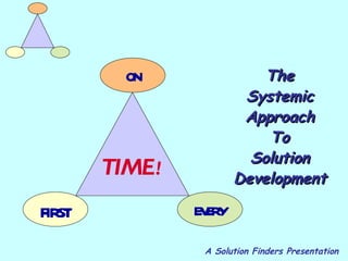 ON               The
                       Systemic
                       Approach
                          To
                        Solution
       TIME !         Development

F ST
 IR             EEY
                VR

                A Solution Finders Presentation
 