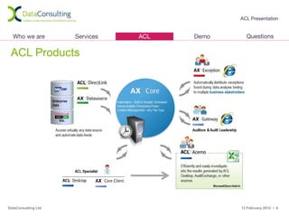 ACL Presentation




 ACL Products




DataConsulting Ltd   13 February 2012 • 6
 