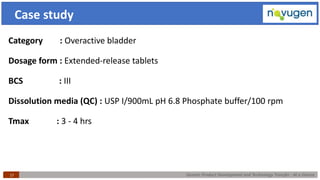 Generic Product Development and Technology Transfer : At a Glance
Category : Overactive bladder
Dosage form : Extended-release tablets
BCS : III
Dissolution media (QC) : USP I/900mL pH 6.8 Phosphate buffer/100 rpm
Tmax : 3 - 4 hrs
17
Case study
 