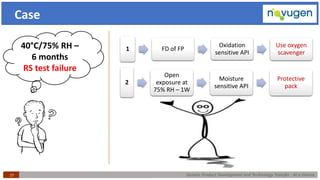 Generic Product Development and Technology Transfer : At a Glance27
Case
40°C/75% RH –
6 months
RS test failure
1 FD of FP
Oxidation
sensitive API
Use oxygen
scavenger
2
Open
exposure at
75% RH – 1W
Moisture
sensitive API
Protective
pack
 